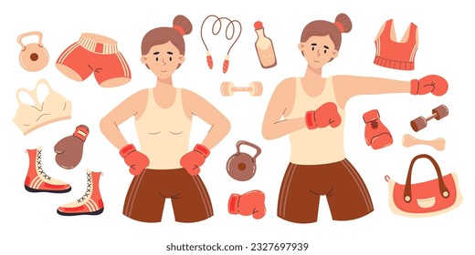 Boxing female sports collection. Cute girls in boxing gloves, sport equipment and sportswear  dumbbells. Vector illustration in flat cartoon style. Isolated color drawing