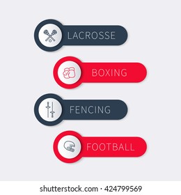 Boxing, fencing, lacrosse, football labels, banners with line icons, vector illustration