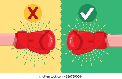 The boxing fight with a clear winner. Boxing gloves fight icon. War emblem vector illustration.