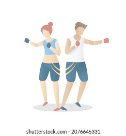 Boxing fitness,workout, training for beginners,Cardio exercises to lose Weight,strength benefits and self defense,muscle building,young Male and Female Characters in Sports Wear,Vector illustration.