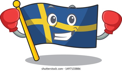 Boxing flag sweden character hoisted in cartoon pole