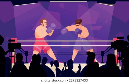 Boxing flat composition two boxers fighting in the ring against a purple background vector illustration