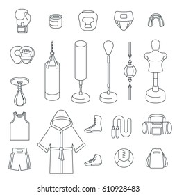 Boxing flat design vector thin line icons. Boxer training equipment outline symbols. Sport workout tools, protection, clothes and shoes. Martial arts linear infographic elements