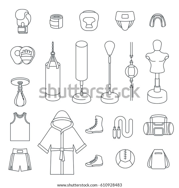 Boxing\
flat design vector thin line icons. Boxer training equipment\
outline symbols. Sport workout tools, protection, clothes and\
shoes. Martial arts linear infographic\
elements
