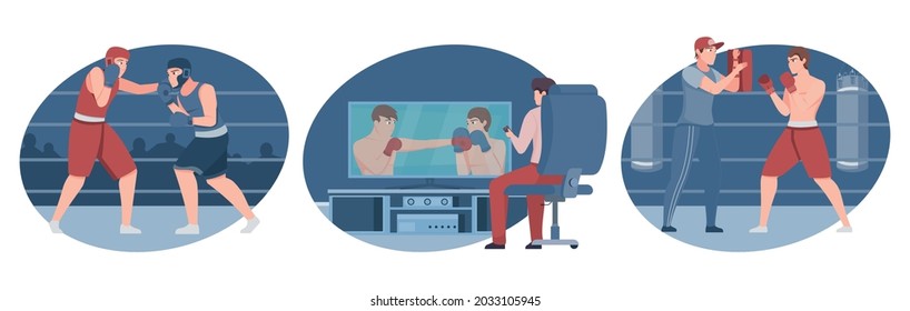 Boxing flat isolated compositions with boxers fighting on arena training in gym and tv screen vector illustration