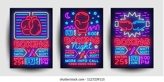 Boxing Flyer Collection Design Template. Boxing Night Light Banner, Design Boxing Match Invitation, Neon Style, Bright Brochure, Typography, Bright Neon Advertising. Vector Illustration