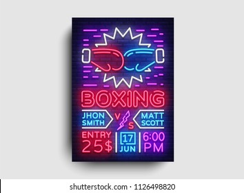 Boxing Flyer Design Template. Boxing Night Light Banner, Design Boxing Match Invitation, Neon Style, Bright Brochure, Typography, Bright Neon Advertising. Vector Illustration