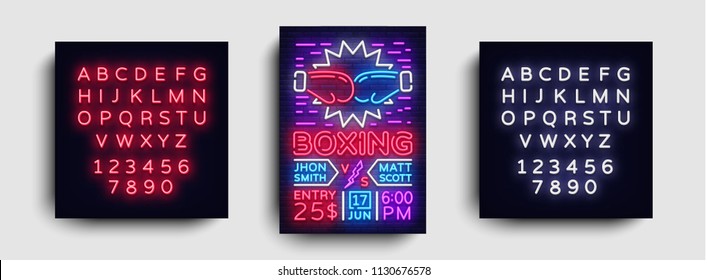 Boxing Flyer Design Template. Boxing Night Light Banner, Design Boxing Match Invitation, Neon Style, Bright Brochure, Typography, Bright Neon Advertising. Vector Illustration. Editing Text Neon Sign