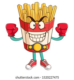 boxing french fries cartoon character win the championship with funny smile face