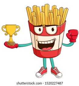 boxing french fries cartoon character win the championship with trophy and funny smile face