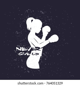 Boxing girl with motivational quote, never give up, t-shirt print, gym poster