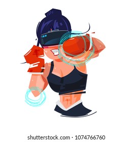 Boxing girl with Virtual Reality Headset in action - vector illustration