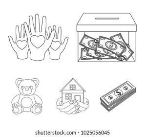 Boxing glass with donations, hands with hearts, house in hands, teddy bear for charity. Charity and donation set collection icons in outline style vector symbol stock illustration web.