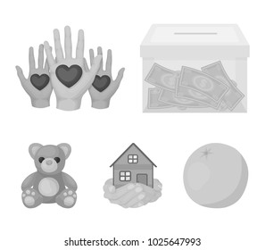 Boxing glass with donations, hands with hearts, house in hands, teddy bear for charity. Charity and donation set collection icons in monochrome style vector symbol stock illustration web.