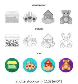 Boxing glass with donations, hands with hearts, house in hands, teddy bear for charity. Charity and donation set collection icons in flat,outline,monochrome style vector symbol stock illustration web.