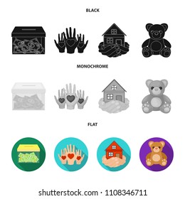 Boxing glass with donations, hands with hearts, house in hands, teddy bear for charity. Charity and donation set collection icons in black, flat, monochrome style vector symbol stock illustration web.