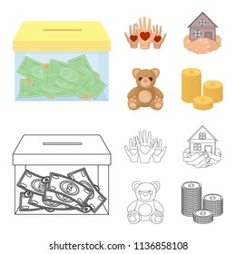 Boxing glass with donations, hands with hearts, house in hands, teddy bear for charity. Charity and donation set collection icons in cartoon,outline style vector symbol stock illustration web.