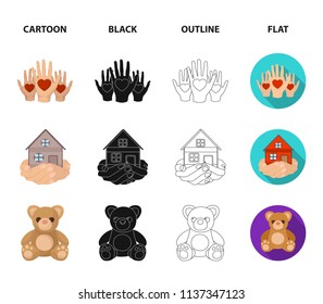 Boxing glass with donations, hands with hearts, house in hands, teddy bear for charity. Charity and donation set collection icons in cartoon,black,outline,flat style vector symbol stock illustration