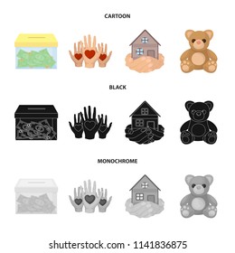 Boxing glass with donations, hands with hearts, house in hands, teddy bear for charity. Charity and donation set collection icons in cartoon,black,monochrome style vector symbol stock illustration web