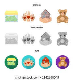 Boxing glass with donations, hands with hearts, house in hands, teddy bear for charity. Charity and donation set collection icons in cartoon,flat,monochrome style vector symbol stock illustration web.