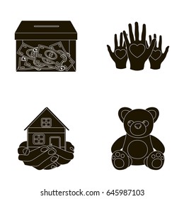 Boxing glass with donations, hands with hearts, house in hands, teddy bear for charity. Charity and donation set collection icons in black style vector symbol stock illustration web.