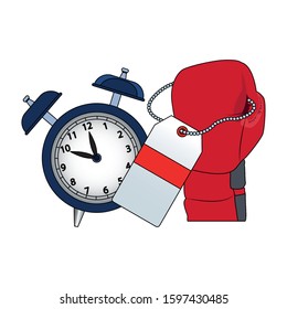 boxing glove and alarm clock over white background, colorful design, vector illustration