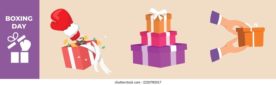 Boxing glove coming out of gift, stack of present boxes with ribbon and hand  want to open box. Boxing day set concept. Colored flat graphic vector illustration isolated.