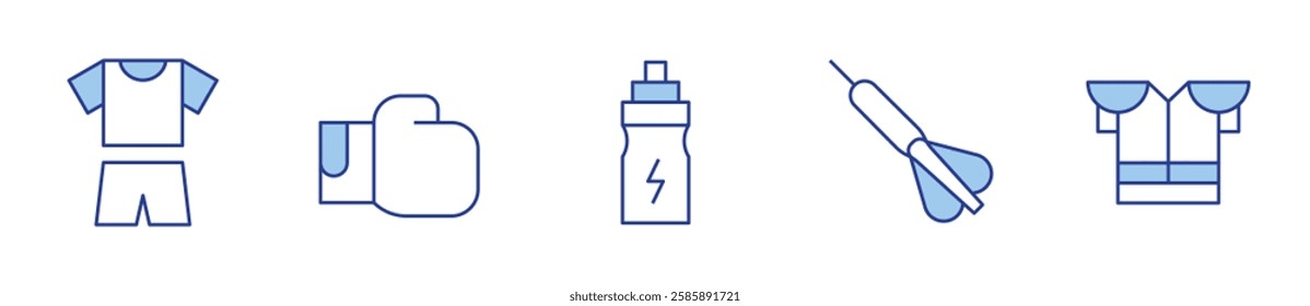 boxing glove, energy drink, protection, dart, sport wear. Sports Icon vector illustration. Line Duotone style. Editable stroke.