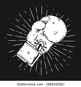Boxing glove. Hand drawn vector illustration with boxing glove and sunburst. Used for poster, banner, web, t-shirt print, bag print, badges, flyer, logo design and more. 
