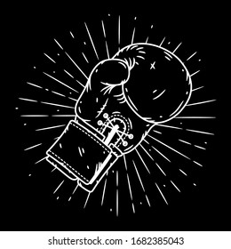 Boxing glove. Hand drawn vector illustration with boxing glove and sunburst. Used for poster, banner, web, t-shirt print, bag print, badges, flyer, logo design and more. 