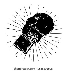 Boxing glove. Hand drawn vector illustration with boxing glove and sunburst. Used for poster, banner, web, t-shirt print, bag print, badges, flyer, logo design and more. 