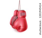 Boxing glove hanging on lace. Realistic red pair of box fist protection equipment. Vector boxer sportswear for punch workout. Symbol of fight, combat, competition and confidence. 3d illustration