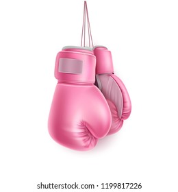 Boxing Glove Hanging On Lace. Realistic Pink Pair Of Box Fist Protection Equipment. Vector Boxer Sportswear For Punch Workout. Symbol Of Fight, Combat, Competition And Confidence. 3d Illustration