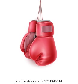 Boxing glove hanging on lace. Realistic red pair of box fist protection equipment. Vector boxer sportswear for punch workout. Symbol of fight, combat, competition and confidence. 3d illustration - Shutterstock ID 1201945414