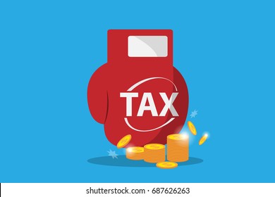 boxing glove hit on  stack of golden coins, tax and business concept