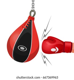 Boxing glove hits punching bag vector illustration isolated on white. Hand knocks punchbag hanging on chain