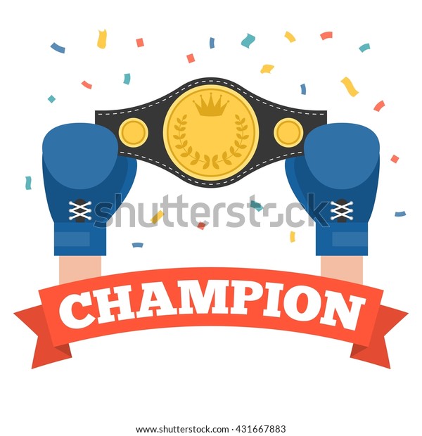 boxing glove holding championship belt with\
champion alphabet on red ribbon, use for winner concept , flat\
design illustration