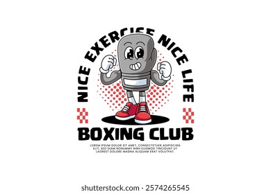 boxing glove mitt cartoon character mascot illustration with standing pose and showing both arm muscles for boxing training fighter sport club mascots and merchandise