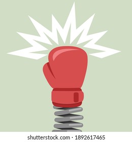 Boxing glove on spring makes a punch. Vector illustration