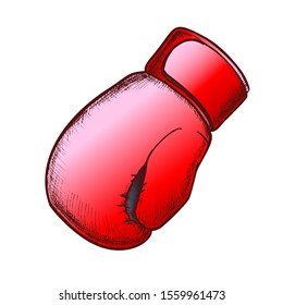 Boxing Glove Protect Sport Wear Color Vector. Single Energy Sportive Accessory Kickboxing Glove For Fighting On Ring. Engraving Mockup Designed In Vintage Style Illustration