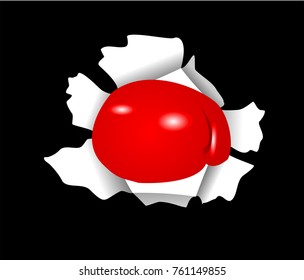 Boxing glove punched on paper. Torn paper. Vector illustration