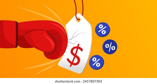 Boxing glove punching and breaking a price tag: sales and discounts concept