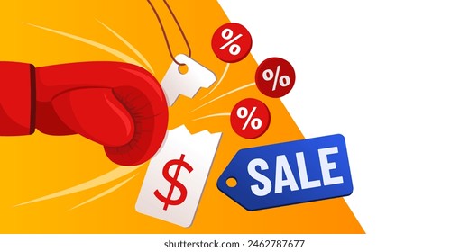 Boxing glove punching and breaking a price tag: sales and discounts concept