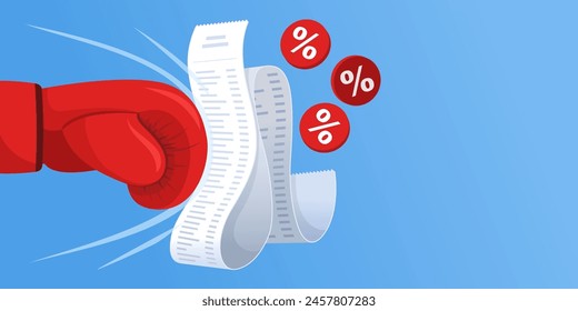 Boxing glove punching a long grocery receipt, sale and discounts concept