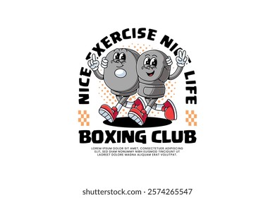 boxing glove and punching mitt retro cartoon character mascot illustration with walking pose and showing index finger up and peace hand for boxing training fighter sport club mascots and merchandise