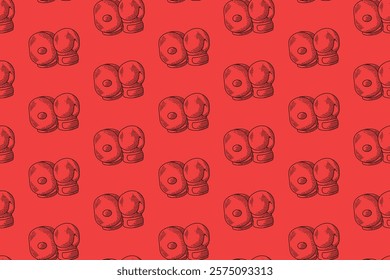 boxing glove and punching pad doodle seamless pattern on red background. boxing mitt, target punch pad engraving pattern wallpaper. retro boxing gloves pad background for boxing decor and merchandise
