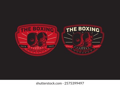 boxing glove and punching pad mitt retro badge logo vector design collection set for boxing, fighter, martial art sport club. kicking target pad and boxing glove vintage illustration element design.