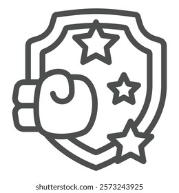 Boxing glove with shield line icon, hacker attacks concept. Vector graphics. Hitting, punch at safety emblem sign on white background, outline style icon for mobile or web design
