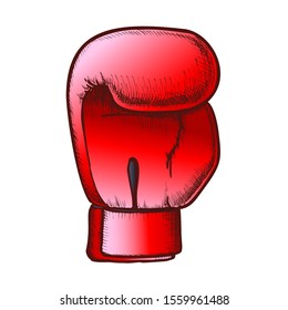 Boxing Glove For Sport Competition Retro Vector. Boxer Equipment Glove For Fight Or Training Exercise On Ring. Engraving Template Hand Drawn In Vintage Style Color Illustration