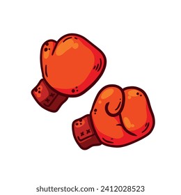 Boxing glove. Two red elements of athletic sportswear. Professional Fist fight. Cartoon drawn illustration. Sport fitness equipment. Fight and hit. Punch and combat.